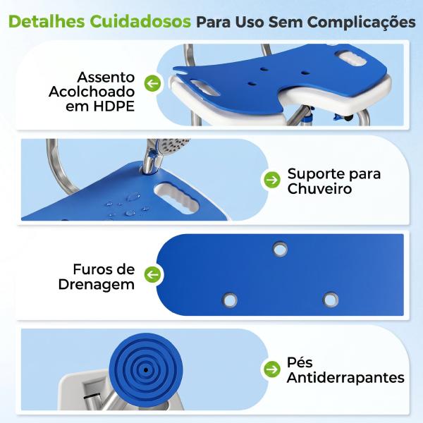 Cadeira de Duche para Pessoas Idosas Antideslizante com Altura Ajustável em 5 Posições Suporte para Duche de Mão 48x47,5x72 - 82 cm Azul