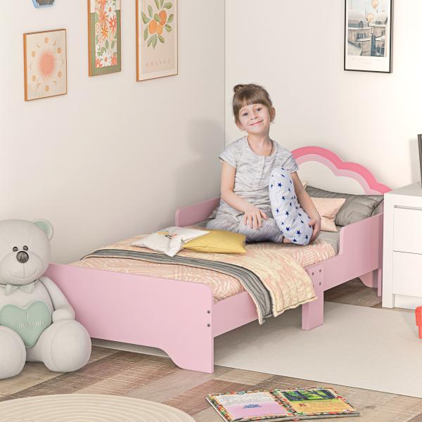 Cama para Crianças 70x140 cm com Barreira Antiqueda e Estrado Cama Infantil com Cabeceira em Forma de Nuvem Rosa