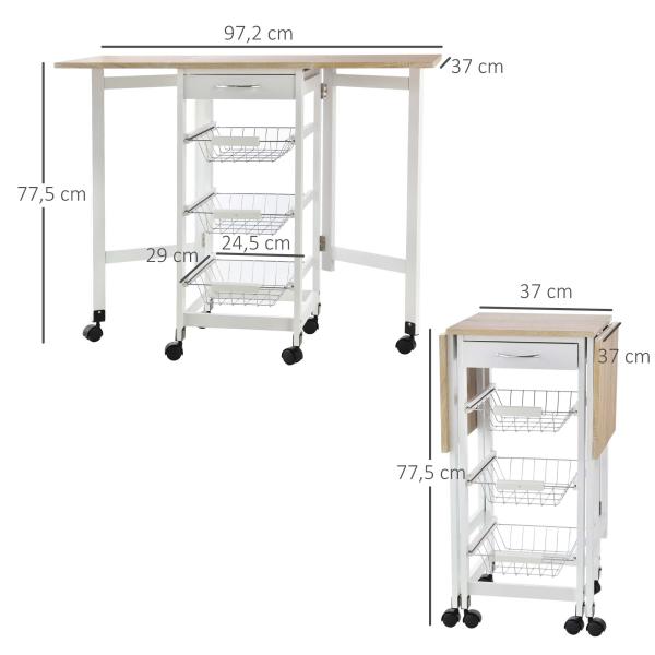 Carrinho de Cozinha Dobrável Carrinho Auxiliar com Rodas 1 Gaveta e 3 Cestos de Metal 97,2x37x77,5 cm Branco e Madeira