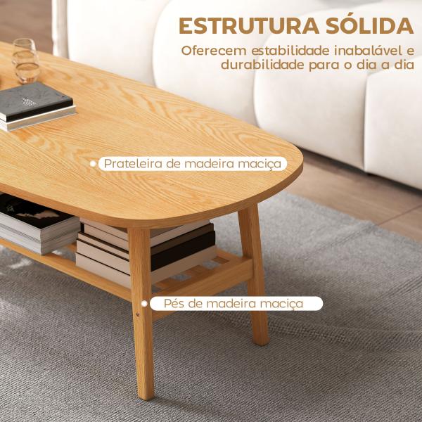 Mesa de Centro de 2 Níveis Moderna com Prateleira Aberta Inferior e Pernas de Madeira de Borracha 120x60x42 cm Madeira