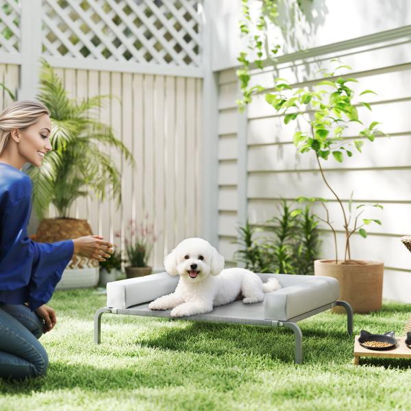 Cama Elevada para Cães com Latertais Amovíveis Cama Elevada para Cães Pequenos Portátil com Malha Respirável 90x65x30 cm Cinza