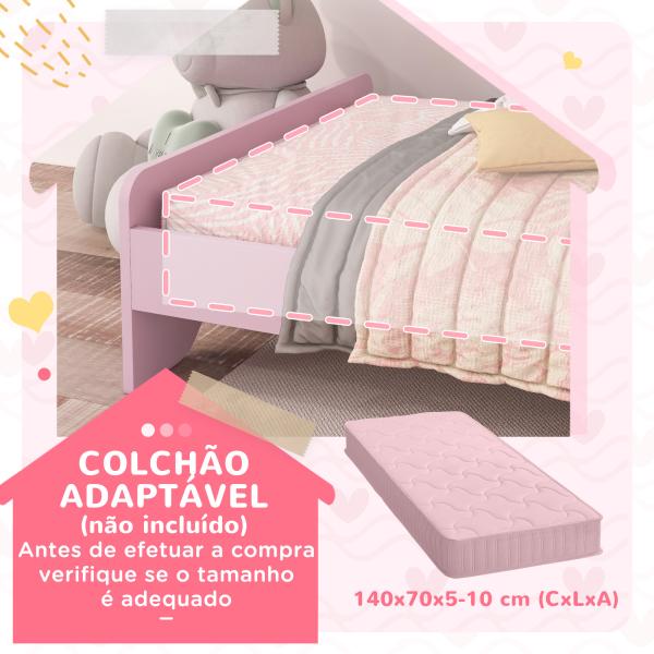 Cama para Crianças 70x140 cm com Barreira Antiqueda e Estrado Cama Infantil com Cabeceira em Forma de Nuvem Rosa