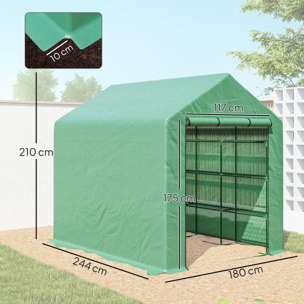 Estufa de Jardim Estufa de Exterior com Prateleiras de 4 Níveis Porta com Fecho de Correr e Estrutura de Aço 244x180x210 cm Verde