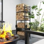 Suporte para Lenha com Rodas de 4 Níveis com Pá Escova Atiçador e Tenaz para Interior e Exterior 45x30x118 cm Preto