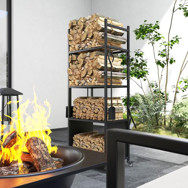 Suporte para Lenha com Rodas de 4 Níveis com Pá Escova Atiçador e Tenaz para Interior e Exterior 45x30x118 cm Preto