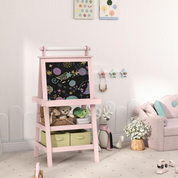 Cavalete de Pintura Infantil 3 em 1 Quadro Dupla Face com Rolo de Papel e Cestos de Arrumação Rosa