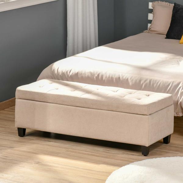 Banco de Armazenamento Acolchoado Banco Estofado em Linho Tampa com Abertura 125x49x41,5 cm Bege