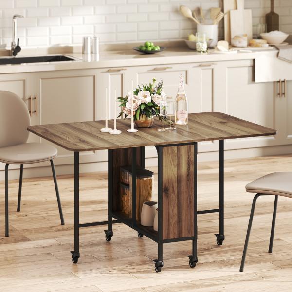 HOMOM Mesa de Cozinha Dobrável Mesa de Refeição Dobrável com Rodas Laterais Abatíveis e Prateleira Mesa Dobrável para Sala de Jantar 130x80x74 cm Marrom