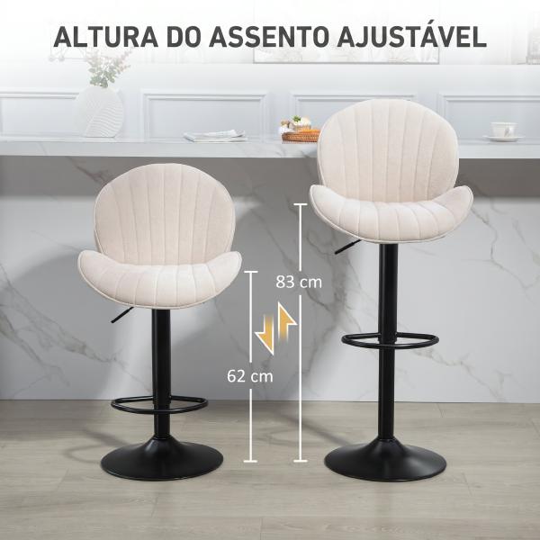 Conjunto de 2 Bancos de Bar Giratórios com Altura Ajustável 62 - 83 cm, Revestidos em Chenille, com Encosto e Apoio para os Pés, Bege