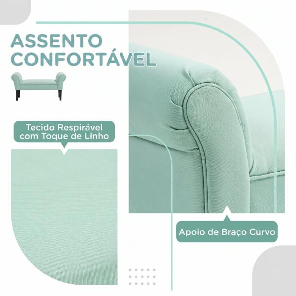 Banco de Pé de Cama Estofado em Linho Sintético com Pés de Madeira Braços e Assento Acolchoado, Verde Claro