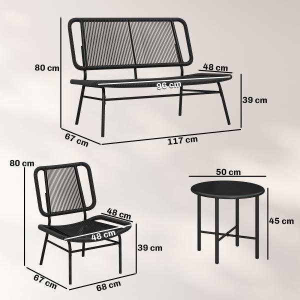 Conjunto Jardim de Vime com 4 Peças Inclui Sofá de 2 Lugares 2 Poltronas e Mesa de Centro com Tampo Metálico Preto