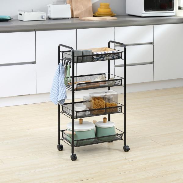 Carrinho Auxiliar com Rodas Carrinho de Cozinha de 4 Níveis Carrinho de Armazenamento com 4 Ganchos 45x26,5x84 cm Preto