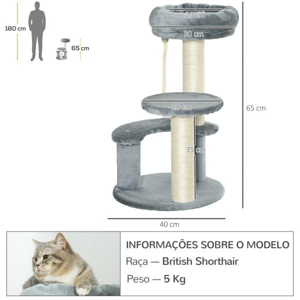 Árvore Arranhador para Gatos Ø40x65 cm com Cama Plataformas em Pelúcia Corda Suspensa e Poste com Corda de Sisal Cinza
