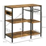 Estante de Cozinha Estilo Industrial com Tomada Elétrica Prateleiras Ajustáveis Ganchos e Cesta Metálica 90x40x83 cm Marrom Rústico