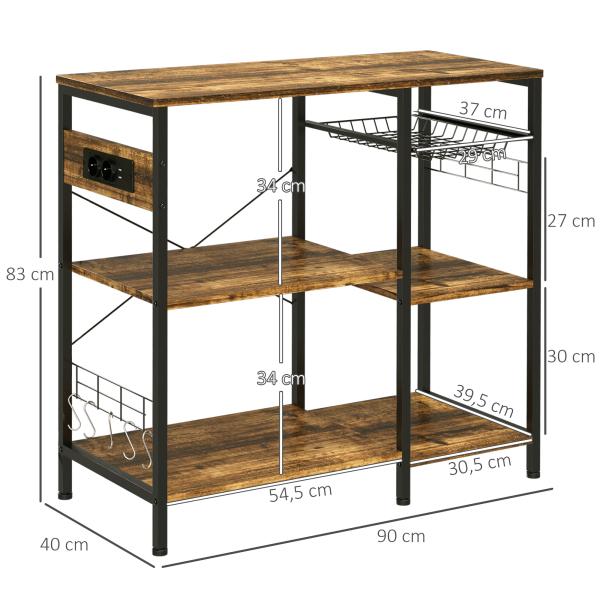 Estante de Cozinha Estilo Industrial com Tomada Elétrica Prateleiras Ajustáveis Ganchos e Cesta Metálica 90x40x83 cm Marrom Rústico
