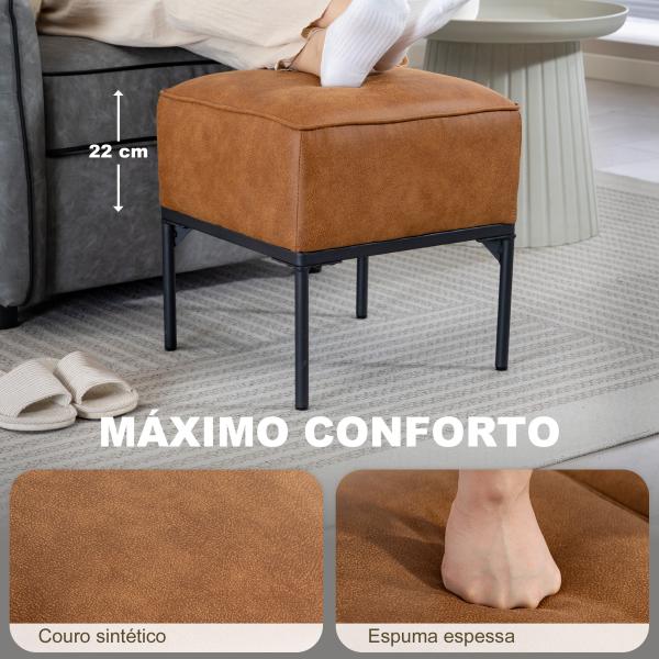 Banco Estofado em PU com Pés de Aço Acolchoado Espesso Estilo Moderno Otomana para Quarto 40x40x46 cm Castanho