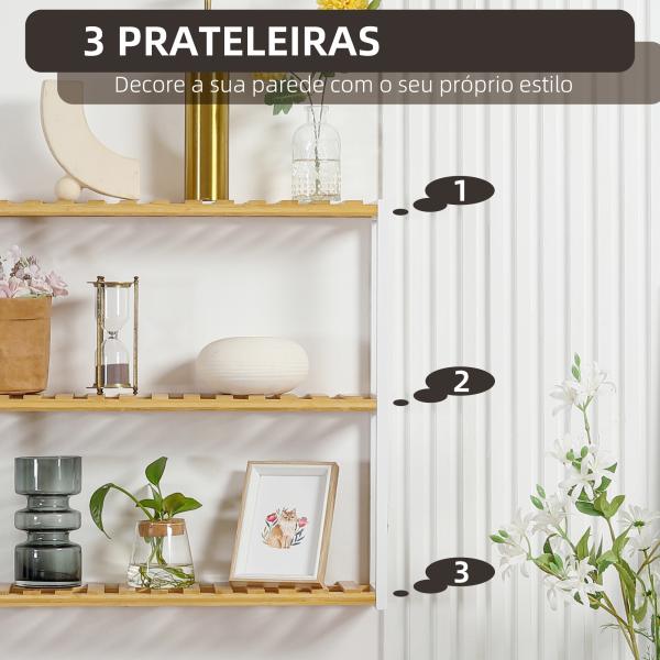 Estante de Parede de Bambu de 3 Níveis Estante Suspensa para Sala de Estar Dormitório Cozinha 60x15x54cm Madeira e Branco