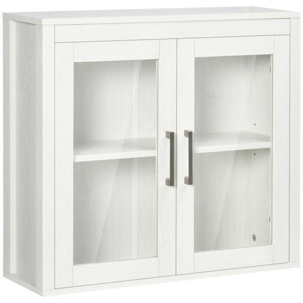 Armário Casa de Banho de Parede com 2 Portas de Vidro e Prateleira Móvel Suspenso de Casa de Banho 60x19,5x54cm Branco