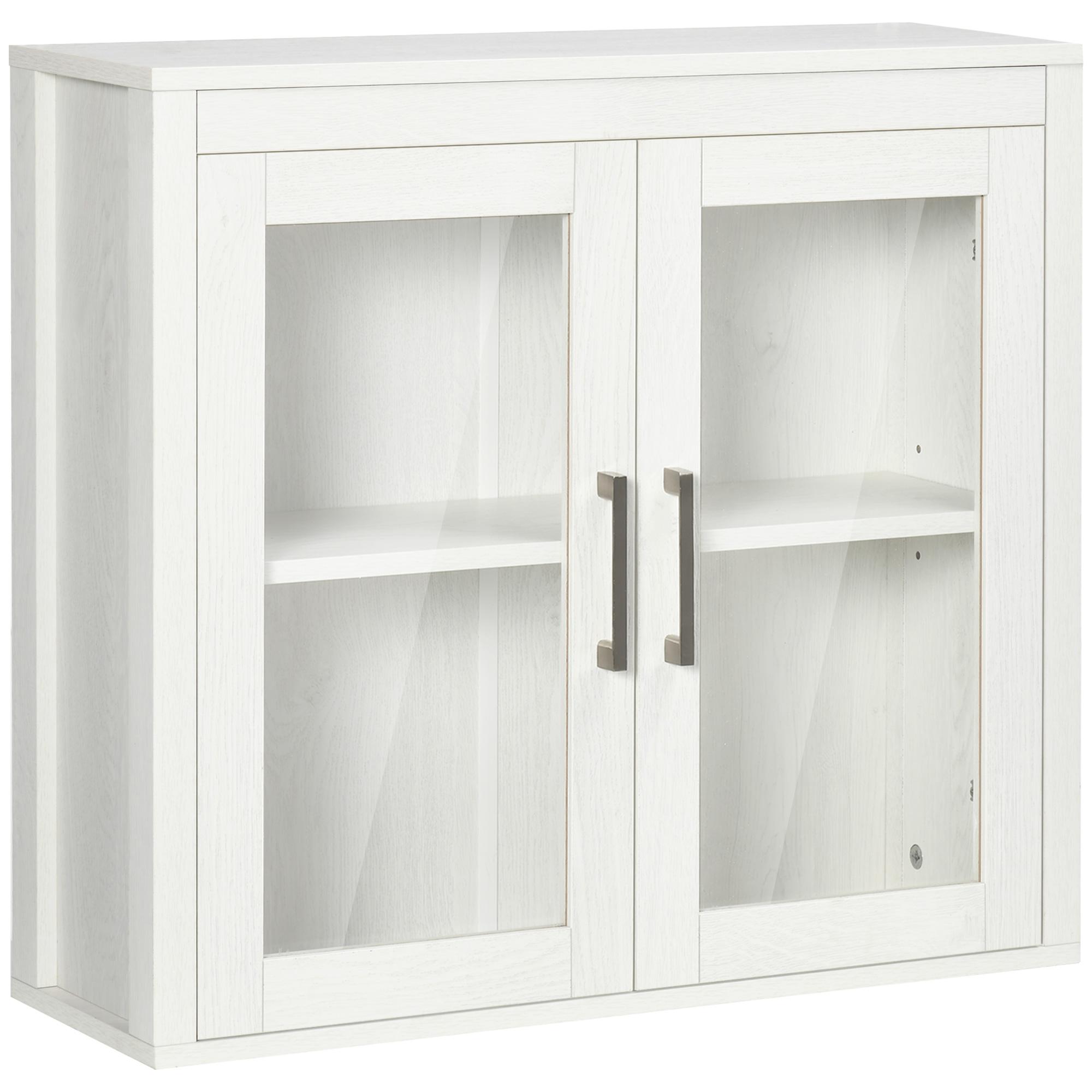 Armário Casa de Banho de Parede com 2 Portas de Vidro e Prateleira Móvel Suspenso de Casa de Banho 60x19,5x54cm Branco