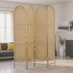 Biombo Separador de 4 Painéis 160x170 cm Painel de Privacidade Dobrável Boémio com Topo Arqueado Entrançado à Mão Madeira
