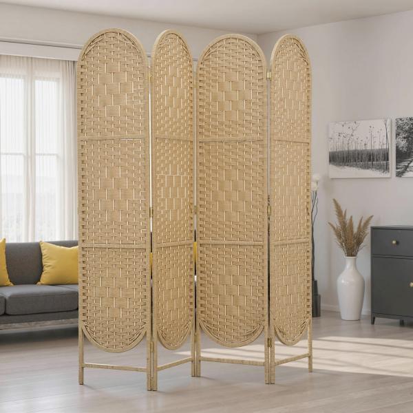 Biombo Separador de 4 Painéis 160x170 cm Painel de Privacidade Dobrável Boémio com Topo Arqueado Entrançado à Mão Madeira