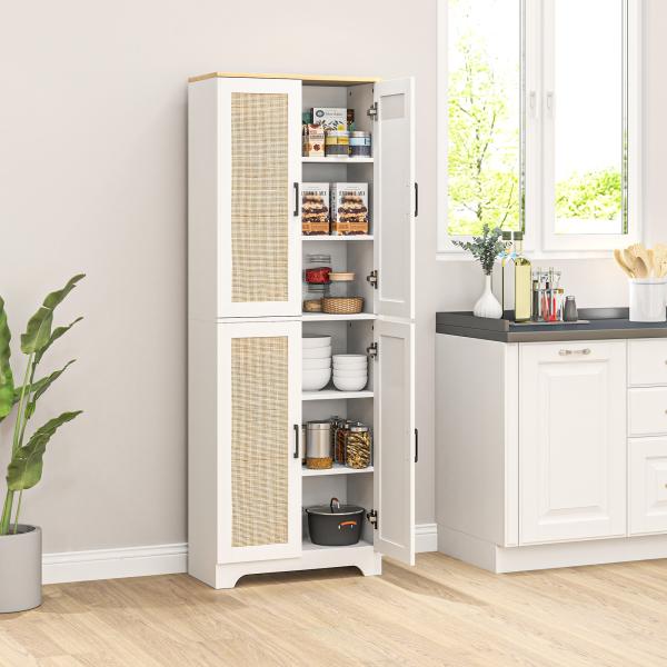Armário de Cozinha com Prateleiras Ajustáveis Portas em Vime e Sistema Anti - Tombo 60x30x170 com Branco