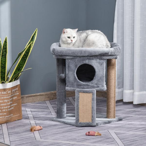 Arranhador para Gatos Pequenos Arranhador para Gatos com Poste de Juta Rampa Caverna e Bola Suspensa 40x40x57 cm Cinza
