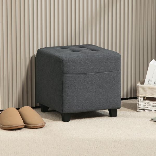 Apoio para os Pés Sala de Estar Banco Estofado em Linho com Bolso Lateral Tampa com Botões 35x35x35 cm Cinzento