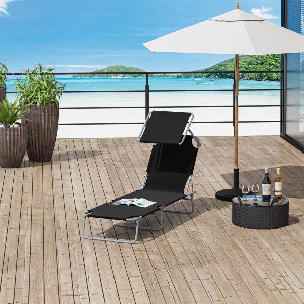Espreguiçadeira de Jardim Dobrável com Toldo Removível e Ajustável em Ângulo e Encosto Ajustável em 4 Posições para Jardim Terraço Campismo Exterior 187x58x36cm Preto