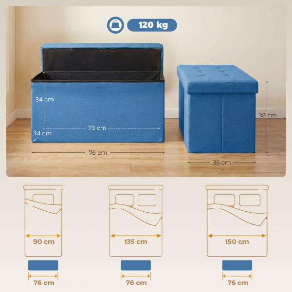 Puff de Armazenamento Banco de Armazenamento Dobrável 84 L 76x38x38 cm Estofado em Linho Sintético Azul Claro