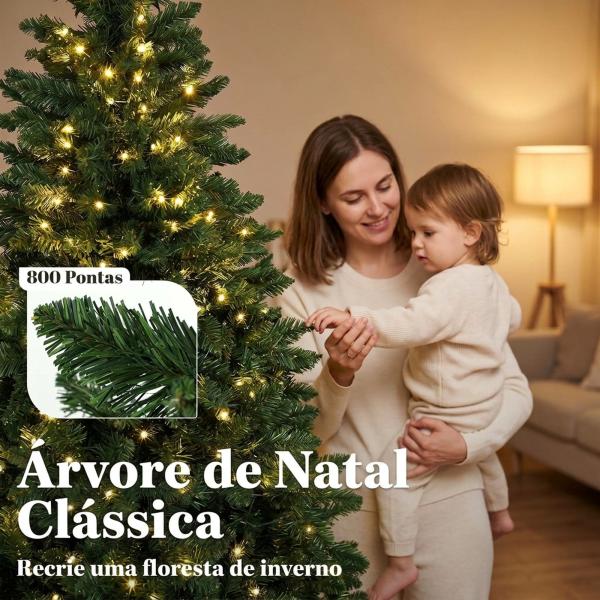 Árvore de Natal 180 cm com 250 Luzes LED, 11 Modos, Comando à Distância, 800 Pontas e Base Dobrável em Aço, Verde