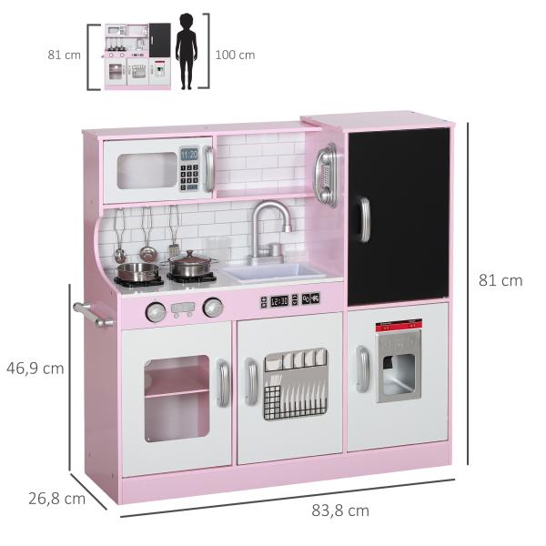 Cozinha de Brincar para Crianças acima de 3 anos Cozinha Infantil de Madeira com Acessórios Máquina de Gelo Ardósia e Telefone 83,8x26,8x81 cm Rosa