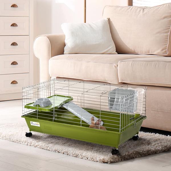 Gaiola para Pequenos Animais com Rodas, Bebedouro, Comedouro e Dispensador de Feno, para Coelhos e Porquinhos - da - Índia, 89x44x43 cm, Verde