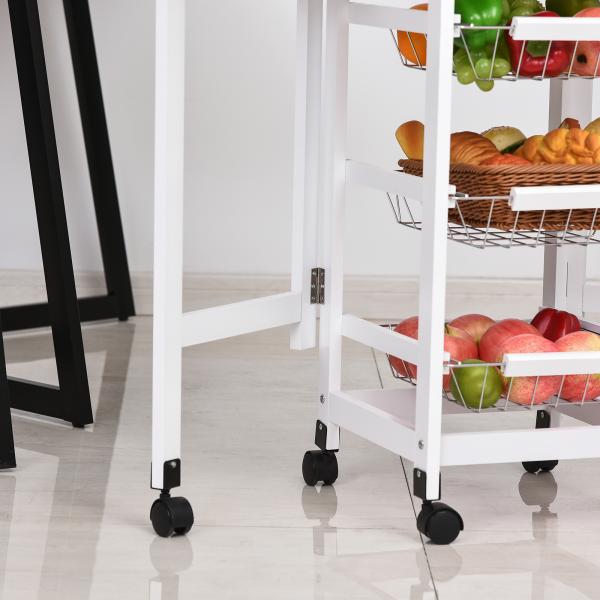 Carrinho de Cozinha Dobrável Carrinho Auxiliar com Rodas 1 Gaveta e 3 Cestos de Metal 97,2x37x77,5 cm Branco e Madeira