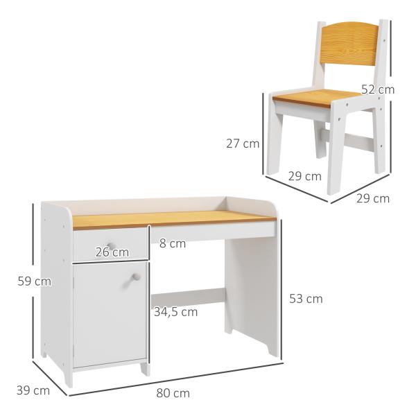 Conjunto de Secretária e Cadeira para Crianças Conjunto Infantil de 2 Peças com Gaveta e Armário para Quarto Branco e Natural