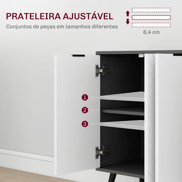 Aparador de 4 Portas Aparador de Sala com Prateleiras Ajustáveis e Pés de Madeira para Cozinha Branco e Preto 120x35x77,4 cm