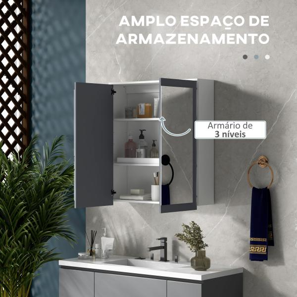 Armário de Casa de Banho com Espelho 2 Portas e Prateleiras Ajustáveis 69x17x75,5 cm Branco e Cinza