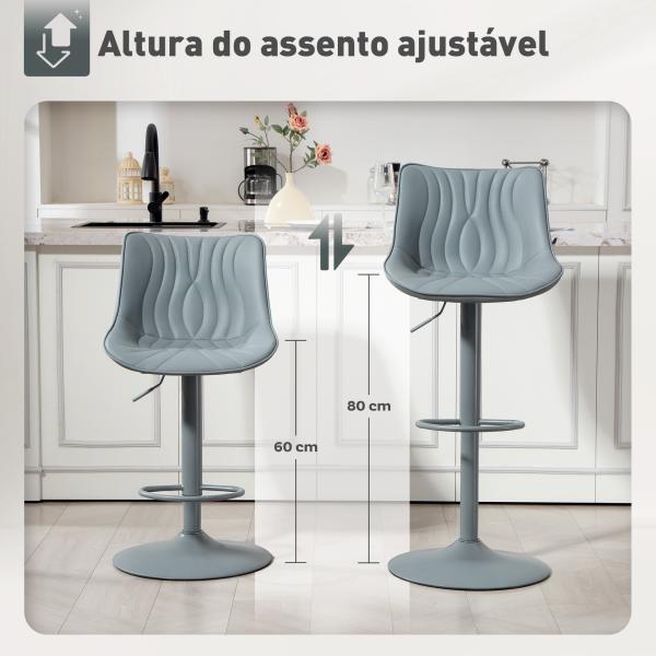 Conjunto de 2 Bancos de Bar Bancos Altos de Cozinha Giratórios com Altura Ajustável e Couro Sintético 47,5x54x92 - 110 cm Cinzento