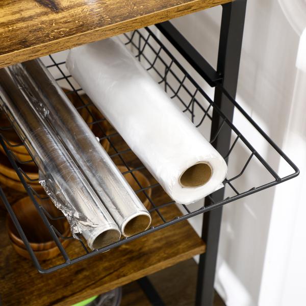 Estante de Cozinha Estilo Industrial com Tomada Elétrica Prateleiras Ajustáveis Ganchos e Cesta Metálica 90x40x83 cm Marrom Rústico