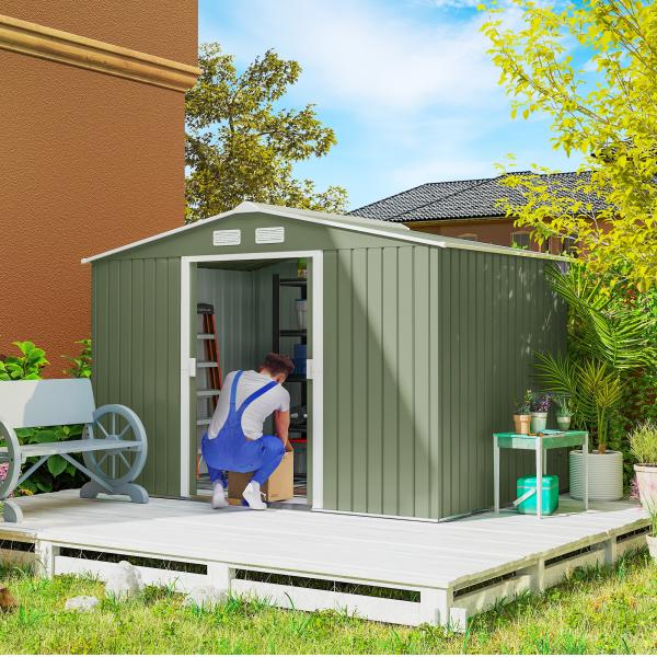 Abrigo de Jardim 4,83m² 277x195x192cm Abrigo Metálico para Armazenamento de Ferramentas com Base de Reforço Incluída Verde Claro