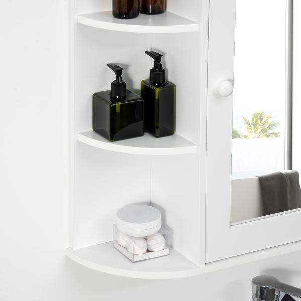 Armário de Casa de Banho com Espelho, Armário de Parede com Porta, Prateleiras Abertas, Móvel Suspenso para Cozinha, Sala, 66x17x63 cm, Branco