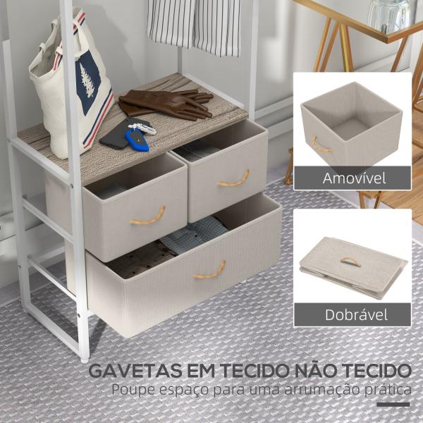 Suporte para Cabides com 3 Gavetas de Tecido Barra para Pendurar e Prateleira para Entrada Quarto 58,5x30x178 cm Natural