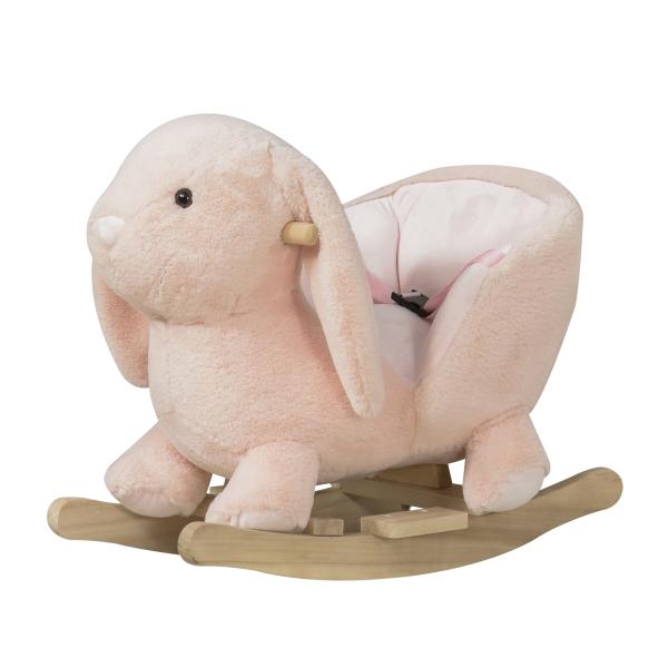 Baloiço Infantil com Forma de Coelho de Pelúcia Baloiço para Bebés 18 - 36 Meses com Som Cinto de Segurança Guidão e Apoio para os Pés 60x33x50cm Rosa
