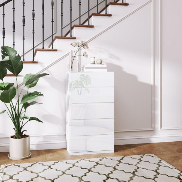 Cómoda com 5 Gavetas de Madeira Cómoda de Dormitório Cómoda Branca Estilo Moderno 55x33x80 cm Branco Brilhante