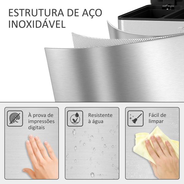 Balde de Lixo de Cozinha com 3 Compartimentos 3x10L com Pedais Tampas com Fechamento Suave e Cubo Amovível 49,6x34,5x38,6 cm Prata