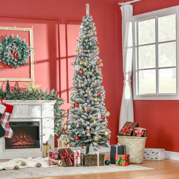 Árvore de Natal 225 cm Árvore de Natal Artificial Nevado com 738 Ramos e Suporte de Metal Verde e Branco