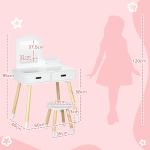 Toucador Infantil de Madeira com Banco Espelho e 2 Gavetas Brinquedo Educativo para Crianças de 3 - 6 Anos 60x40x95cm Branco