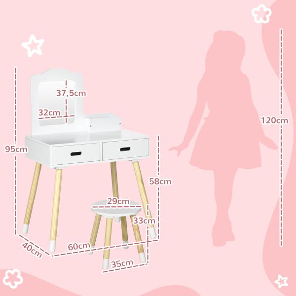 Toucador Infantil de Madeira com Banco Espelho e 2 Gavetas Brinquedo Educativo para Crianças de 3 - 6 Anos 60x40x95cm Branco