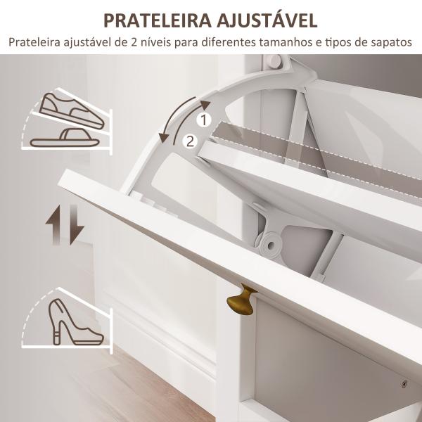 Móvel Sapateira Estilo Francês Sapateira com 2 Gavetas Prateleiras Ajustáveis para 16 Pares de Sapato 84x29x109 cm Branco