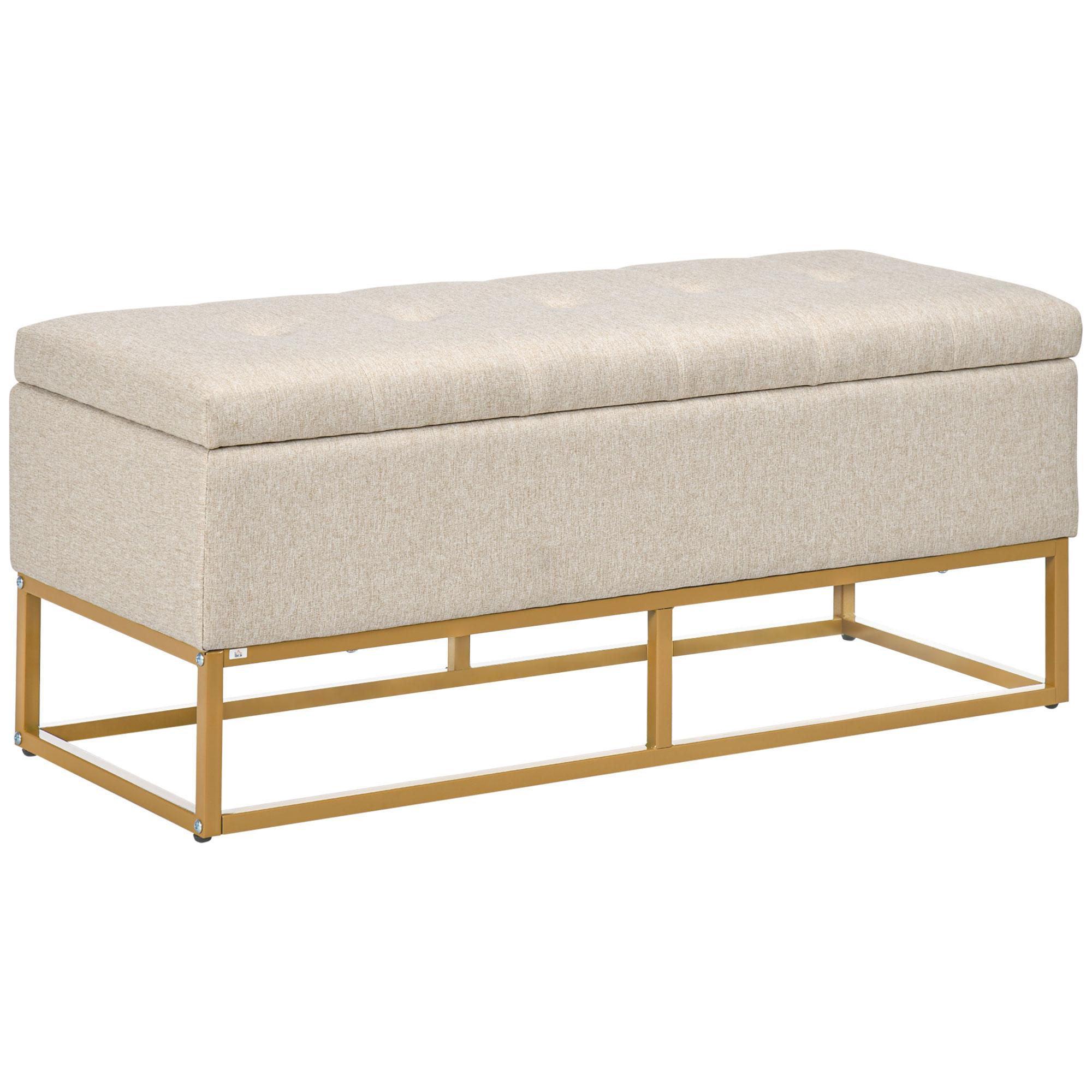 Banco de Armazenamento Retangular Estofado em Linho com Pés de Aço para Sala de Estar Dormitório 110x44x48 cm Bege